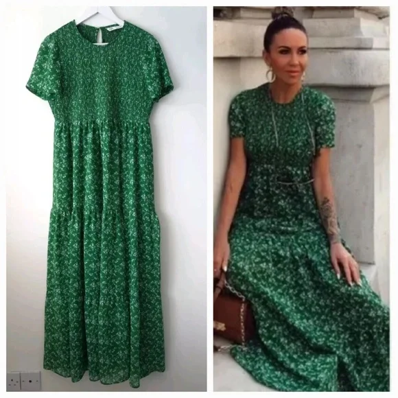 💚Zara💚Size USA M Gorgeous green smocked tiered maxi dress - Picture 4 of 6